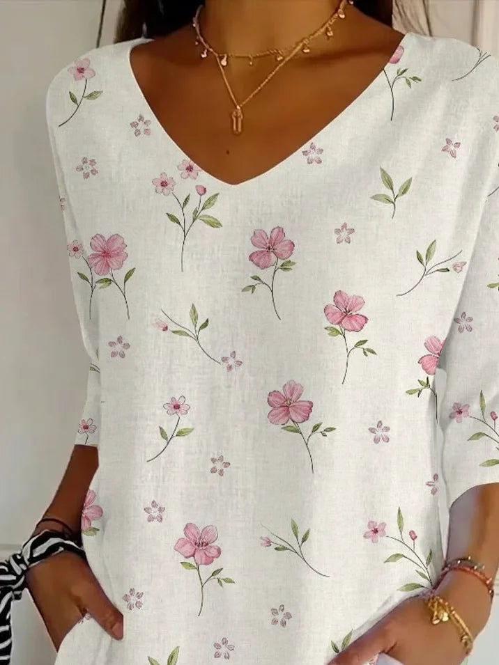 Women's Three Quarter Sleeve T-shirt Spring/Fall Apricot Floral Printing V Neck Daily Going Out Casual Top
