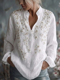 Women's Vintage Printed Floral Linen Long Sleeve Shirt