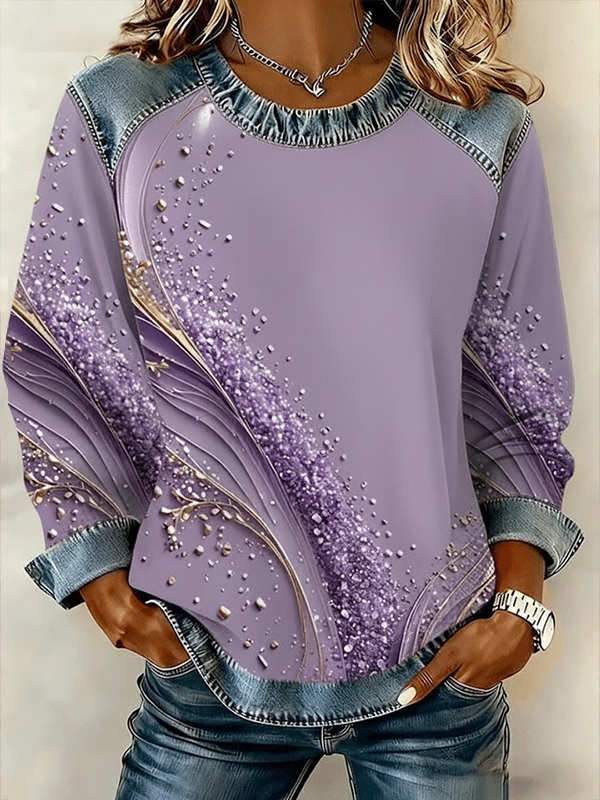 Women's Abstract Print Patchwork Denim Crewneck Long-Sleeved Sweatshirt