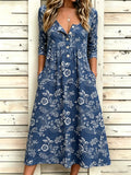 Denim Blue Floral Print Half Sleeve Round Neck Button A-Line Vintage Casual Dress