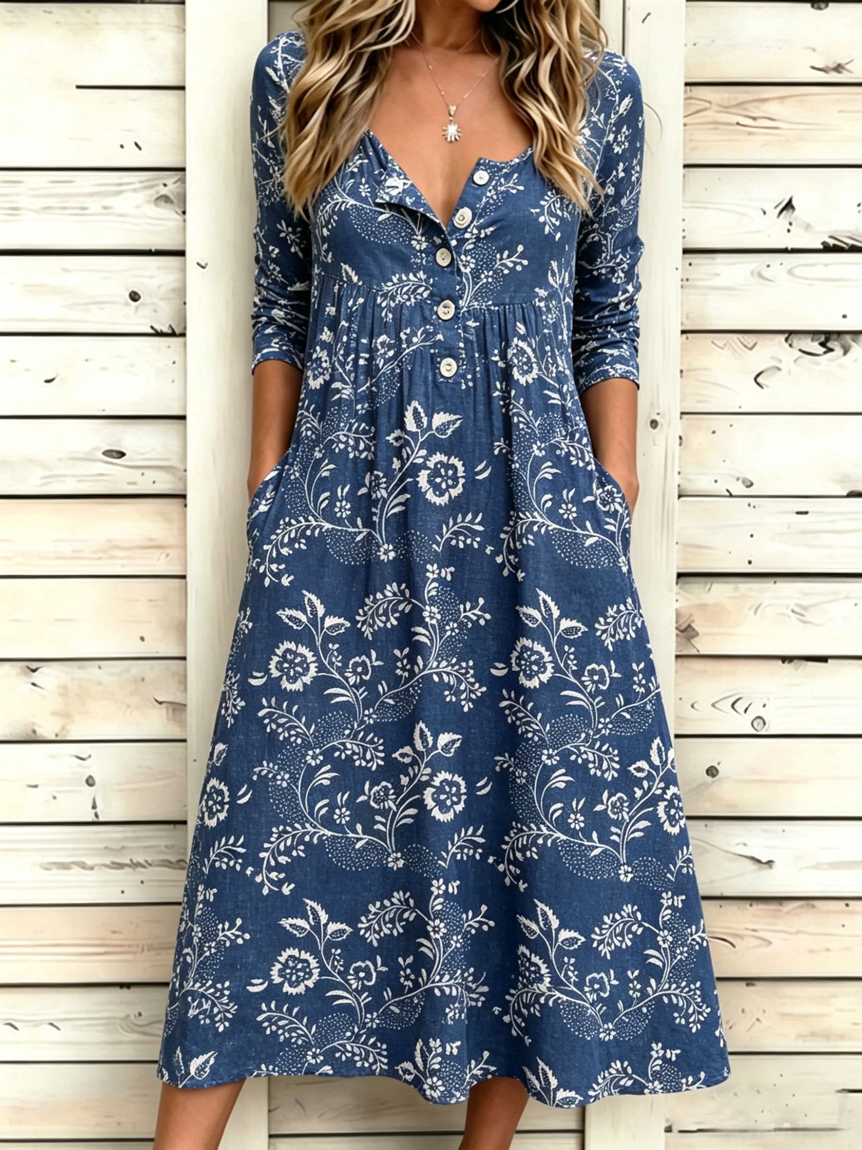 Denim Blue Floral Print Half Sleeve Round Neck Button A-Line Vintage Casual Dress