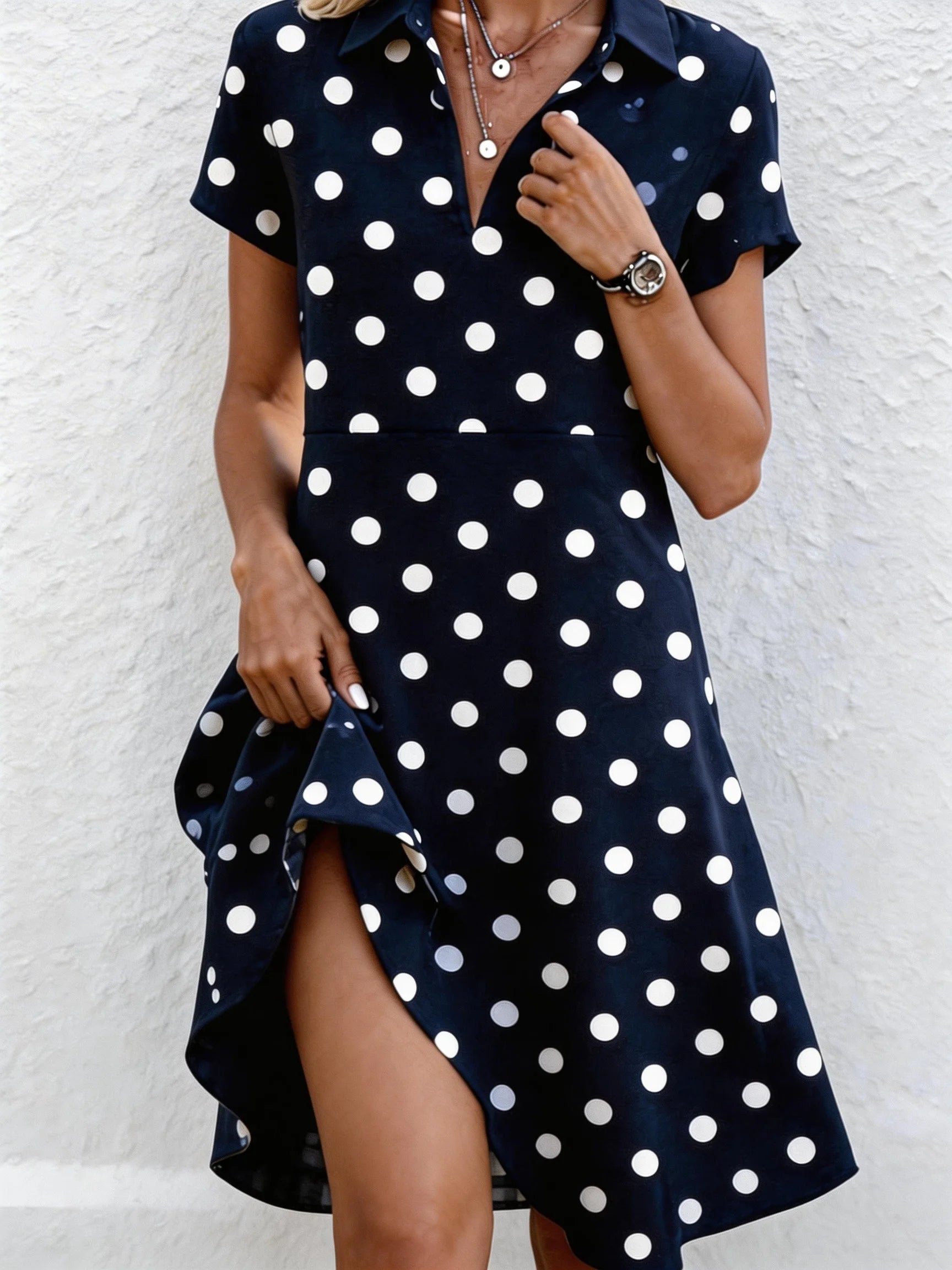 Polka Dots Loose Casual Shirt Collar Dress With No