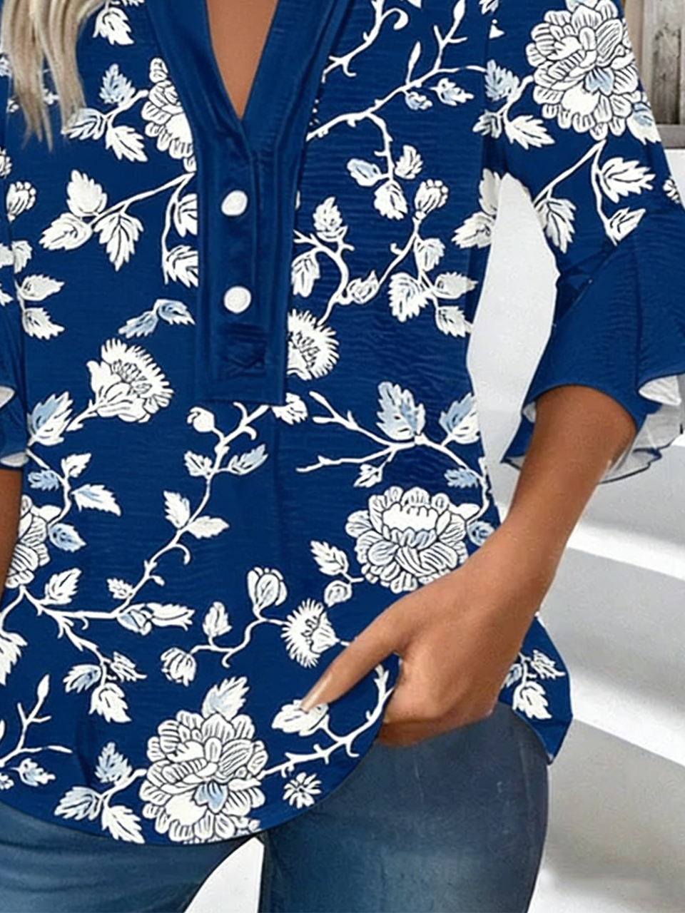 V Neck Vintage Loose Botanical Pattern Shirt
