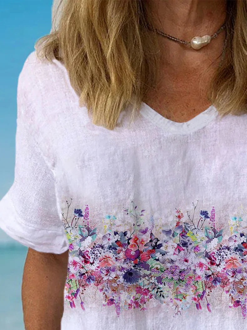 Floral Print Short Sleeve V-neck Blouses