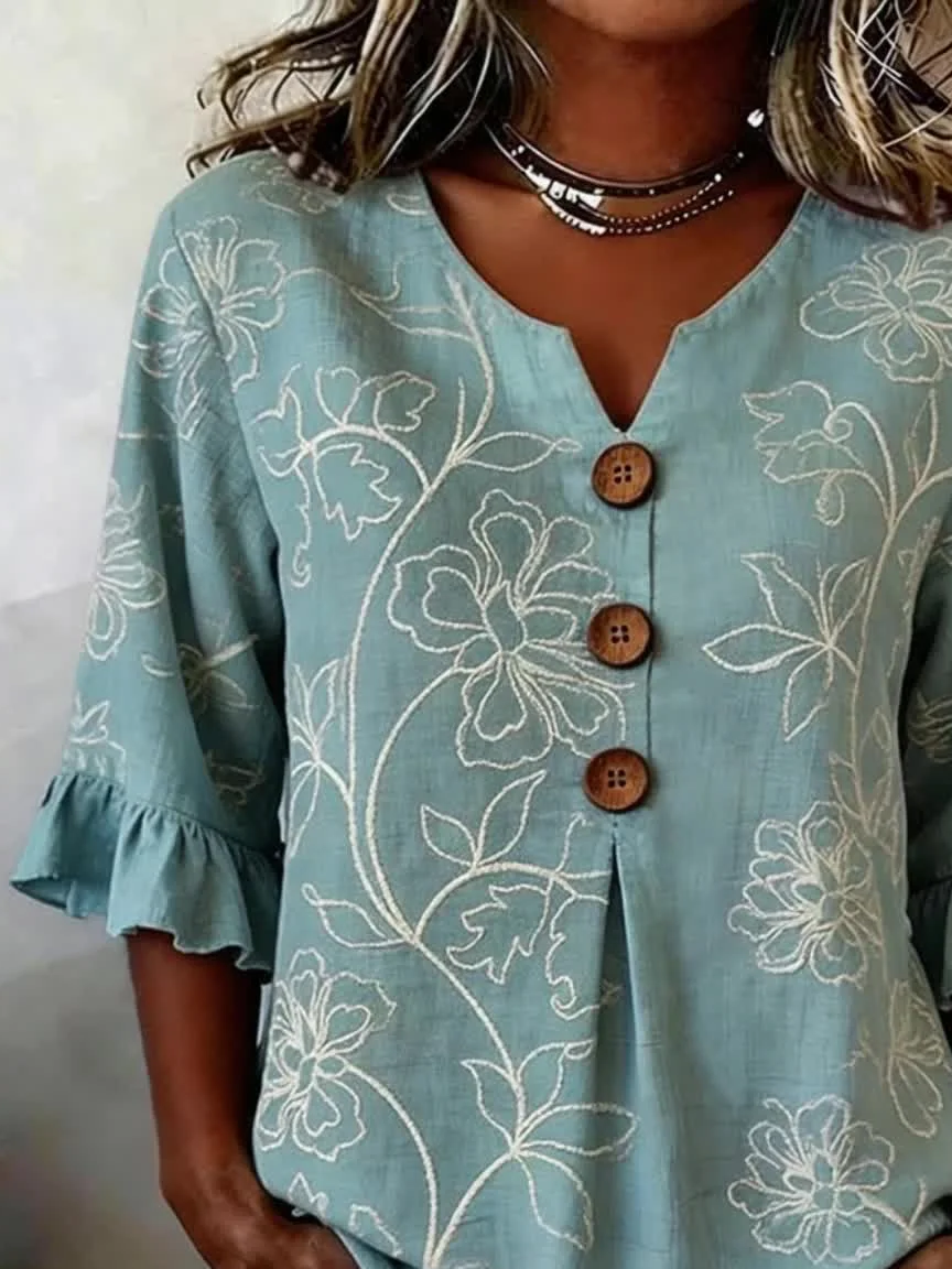 Women's Half Sleeve Blouse Summer Blue Floral Printing V Neck Daily Going Out Vintage Top