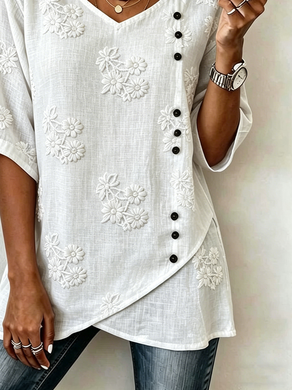 Loose Elegant V Neck Botanical Pattern Shirt
