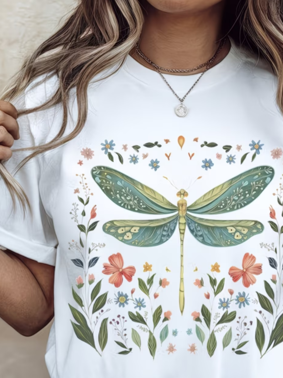 Women's Short Sleeve T-shirt Summer White Dragonfly Printing Jersey Crew Neck Daily Going Out Casual Top