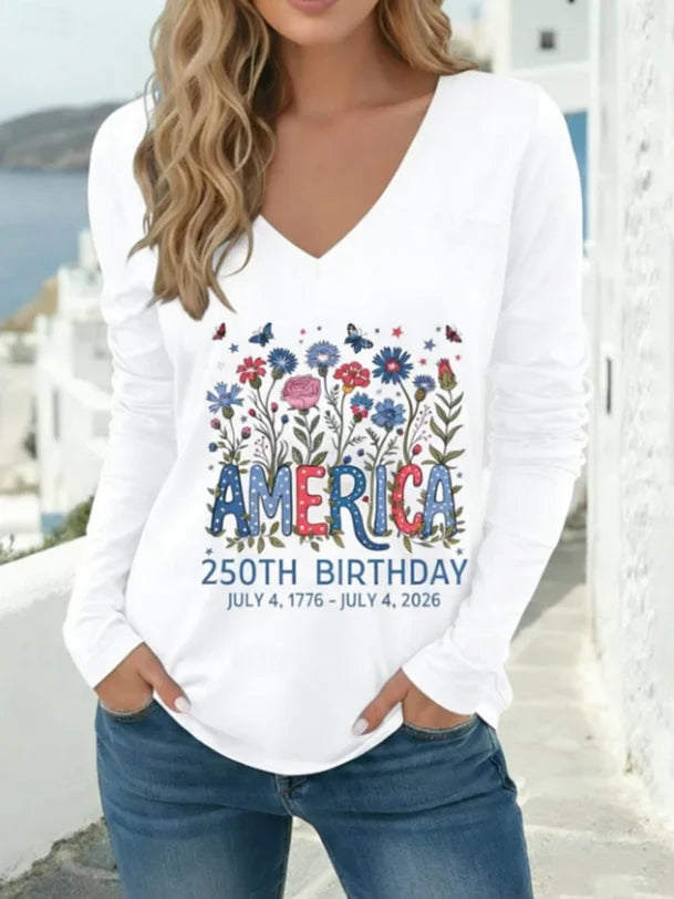Women's Long Sleeve T-shirt Spring/Fall White Floral Printing V Neck Holiday Going Out Casual Top