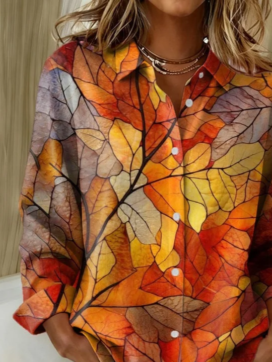 Women's Long Sleeve Shirt Spring/Fall Orange Maple Leaf Buckle Shirt Collar Regular Sleeve Daily Going Out Casual Top