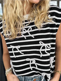Stripe Knitted Elegant Sleeveless Crew Neck Bow Casual Knit Top