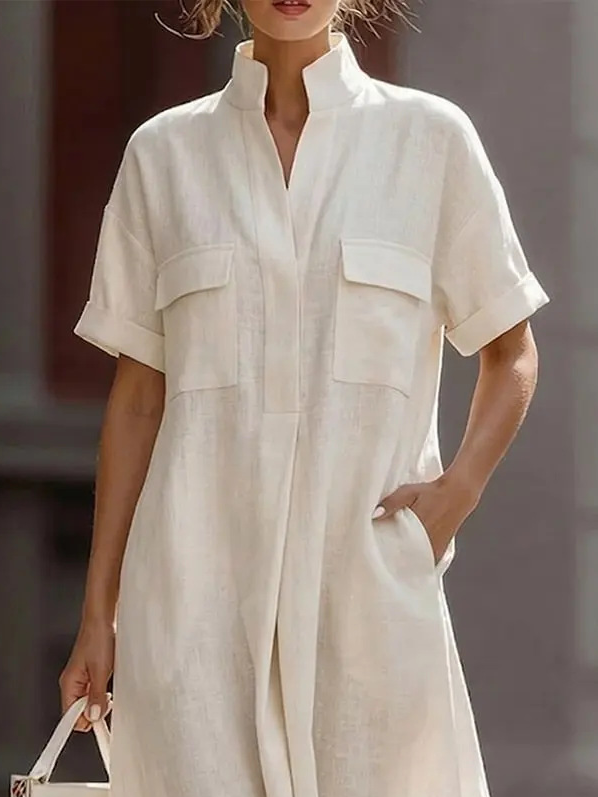 Casual Plain Shirt Collar Midi Dress