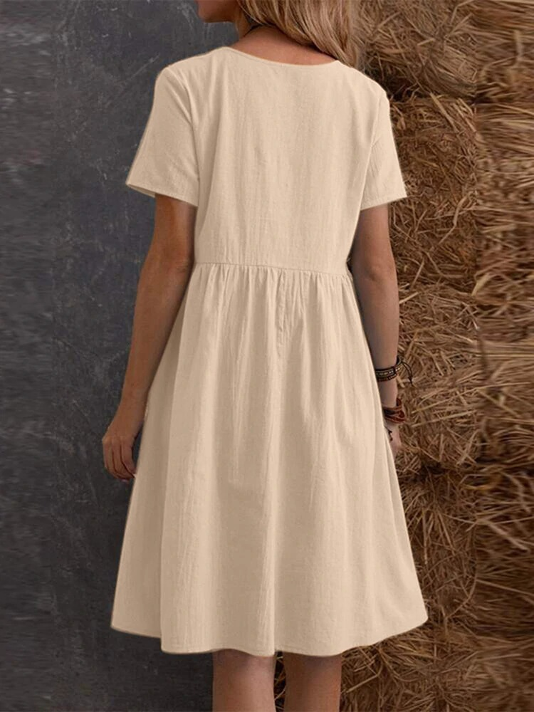 Plain Cotton And Linen Casual Round Neck Short Sleeve Pocket A-Line Hem Dress