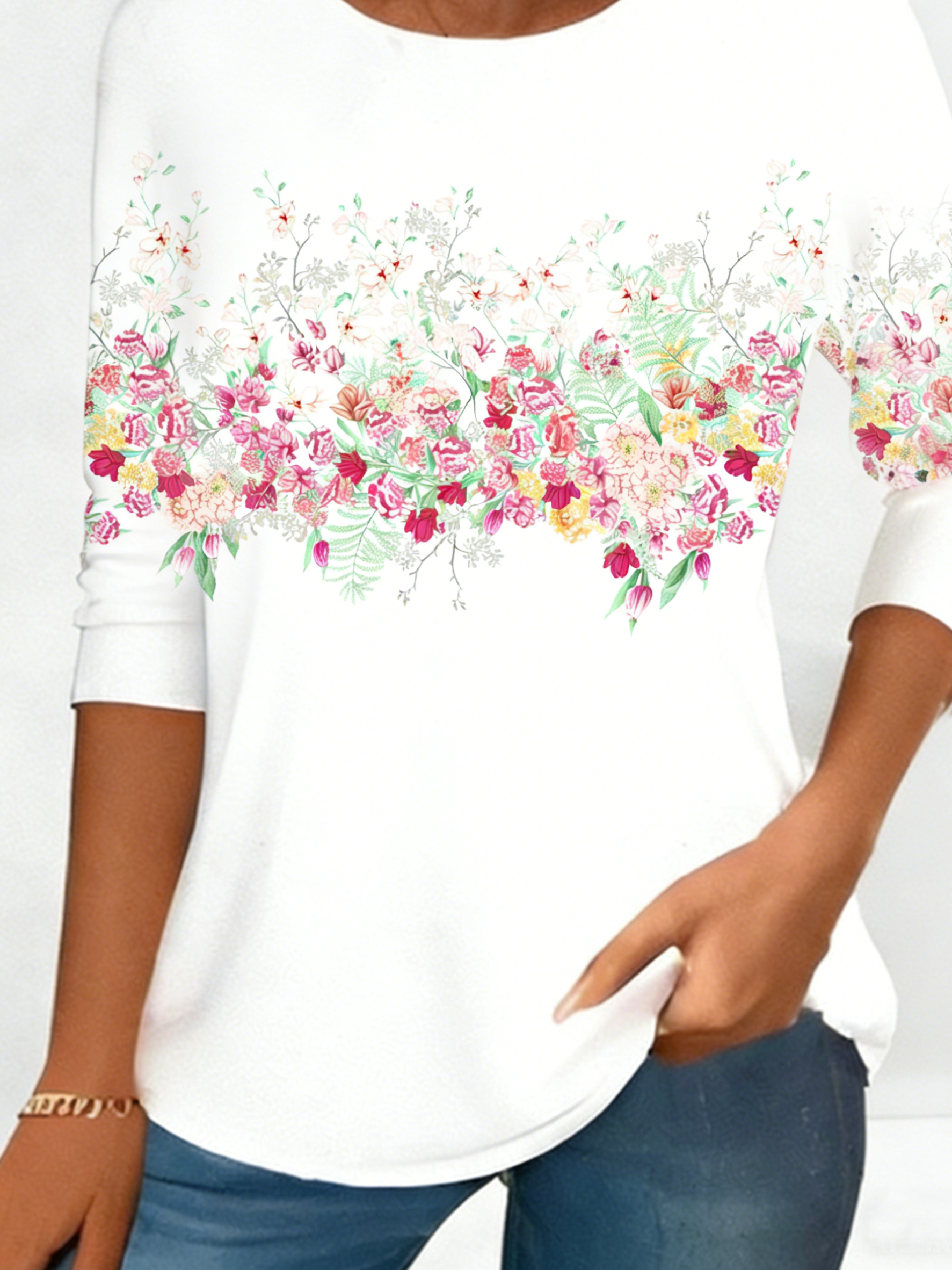 Floral Printing Casual Long Sleeve Round Neck T-Shirt