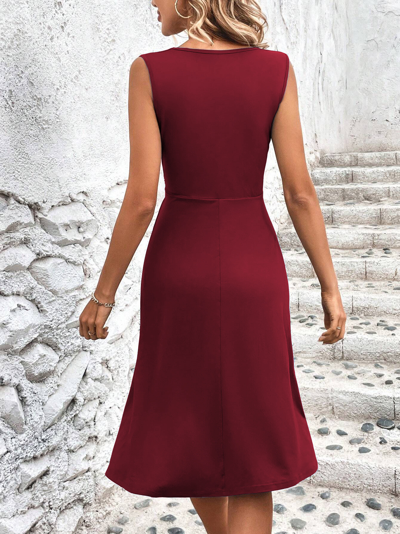 Plain V Neck Dress Crossed Pleats Waist Sleeveless Midi Dress