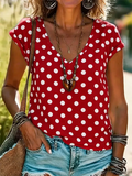 Women's Short Sleeve T-shirt Summer Red Polka Dots Printing V Neck Holiday Going Out Vintage Top