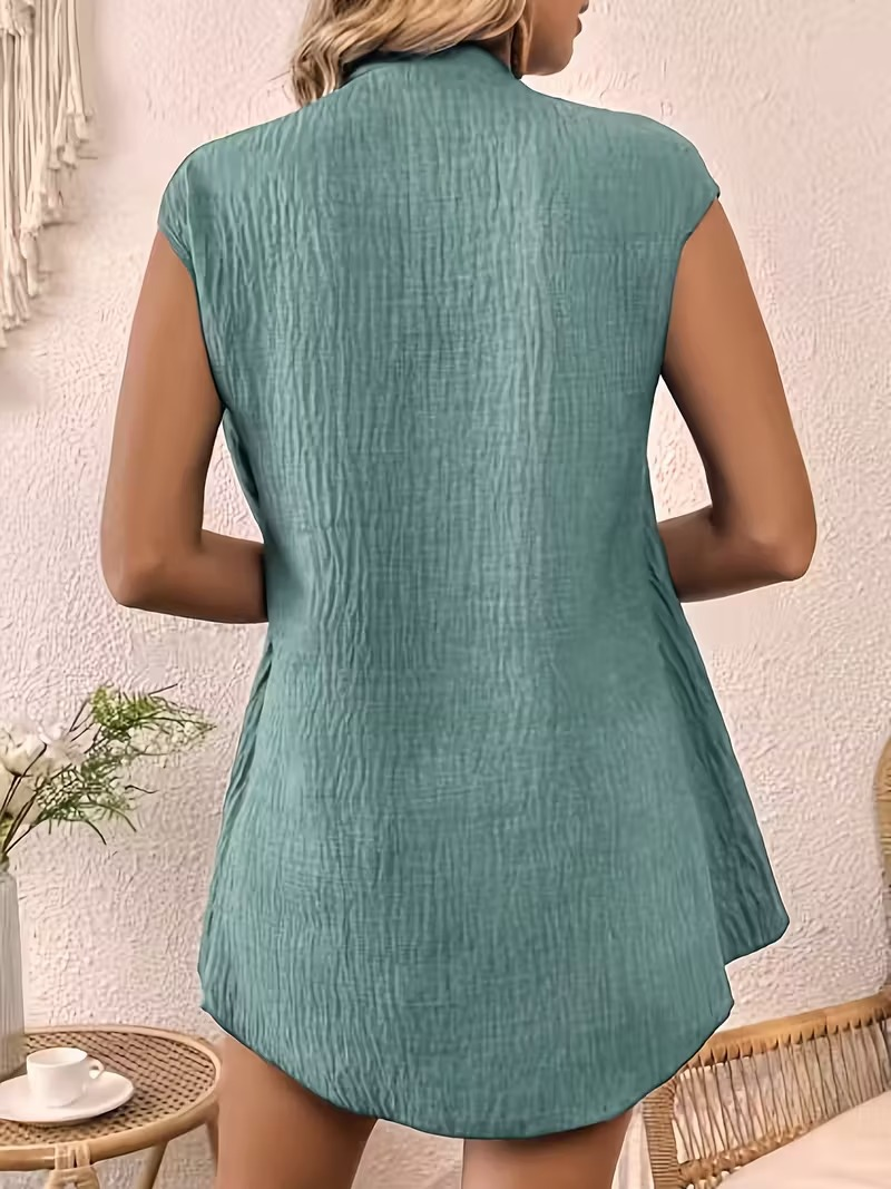 Plain Elegant Fake 2in 1 Stand Collar Short Sleeve Button Casual Shirt