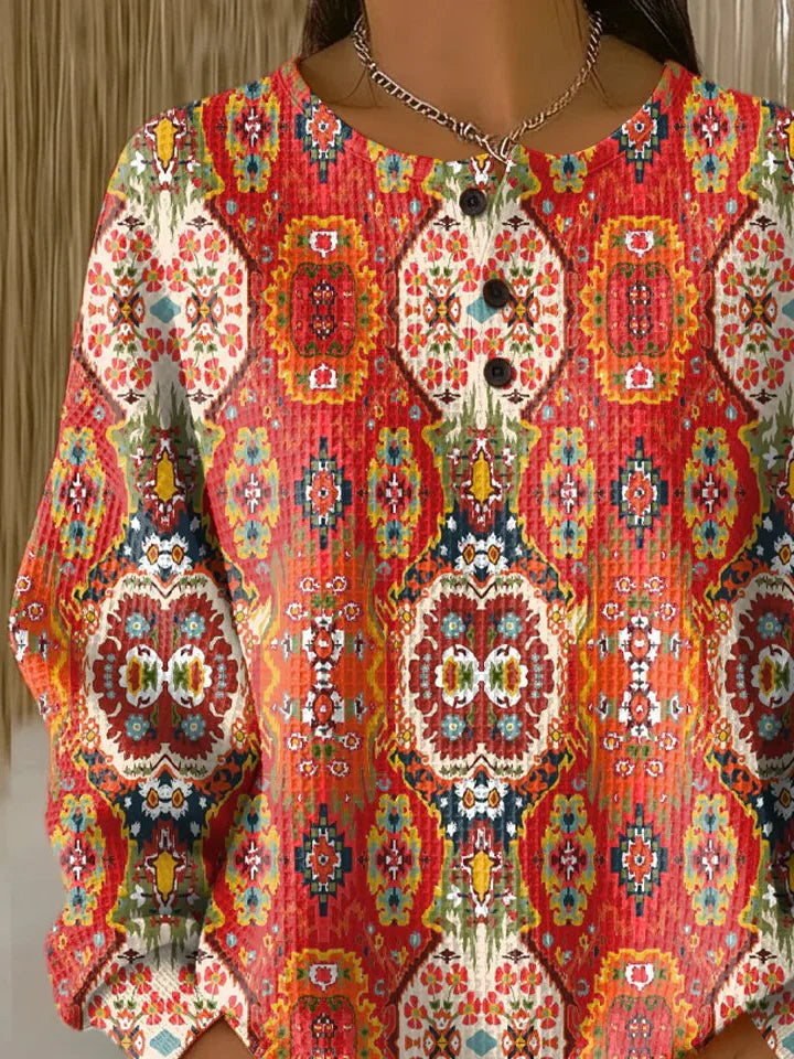 Women's Abstract Print Button-Up Casual Waffle Knit Sweatshirt