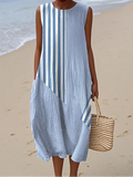 Striped Crew Neck Elegant Loose Dress With No