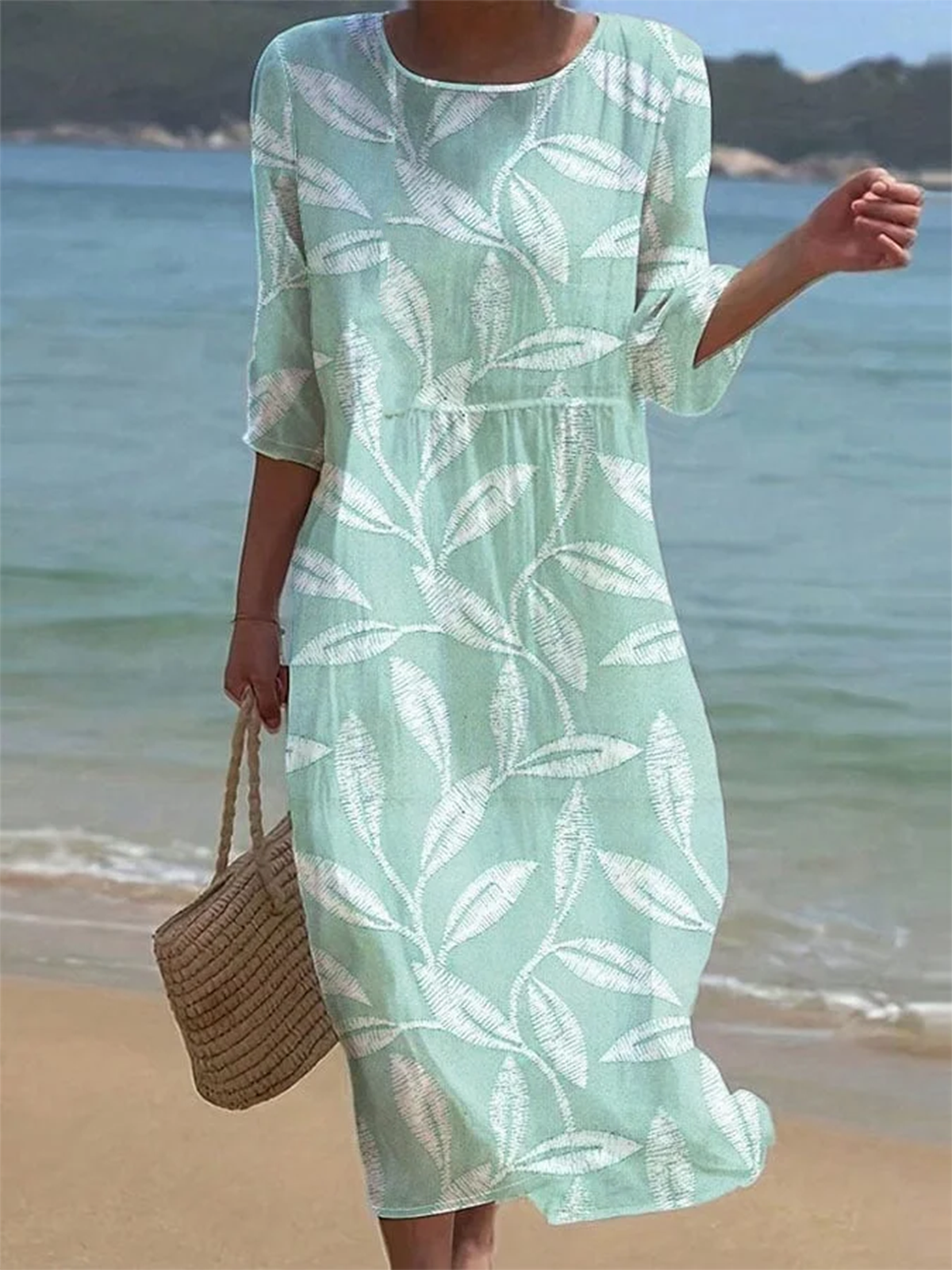 Linen Blend Vintage Others Leaf Dress With No