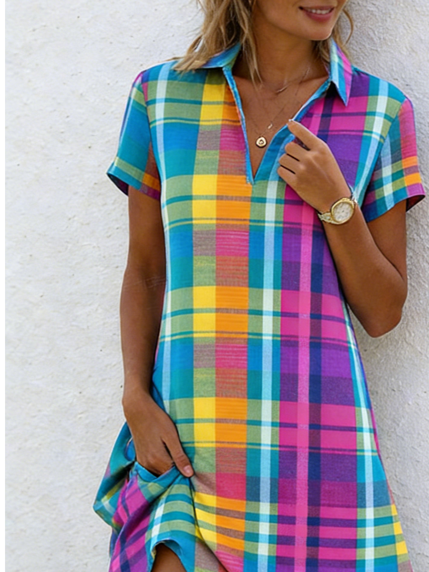 Loose Casual Plaid Shawl Collar Shirt Dress With No