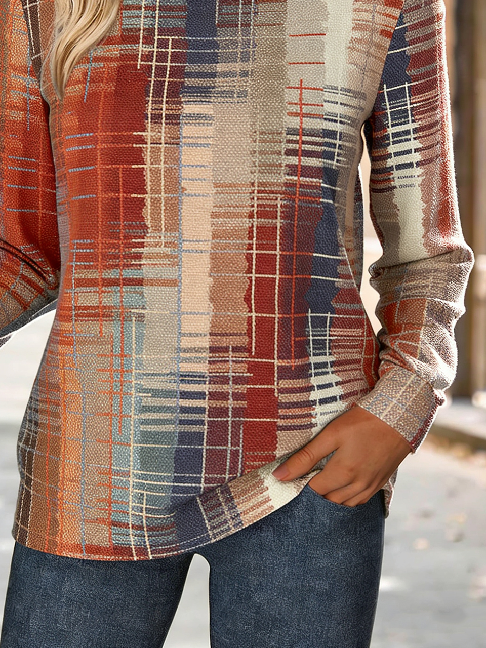 Crew Neck Plaid Loose Simple Sweatshirt