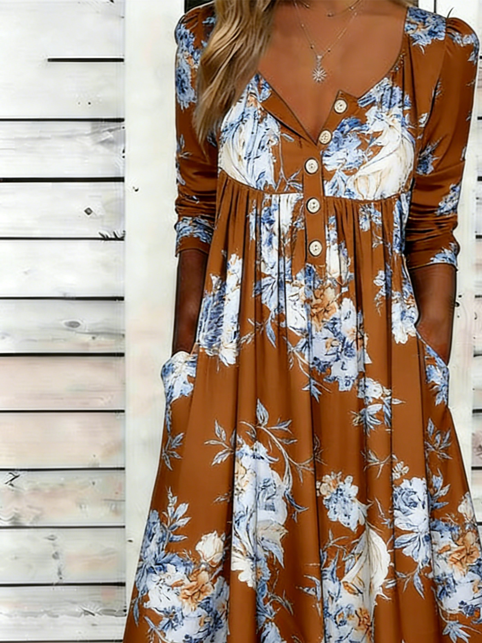 Half Open Collar Loose Casual Botanical Pattern Dress With No