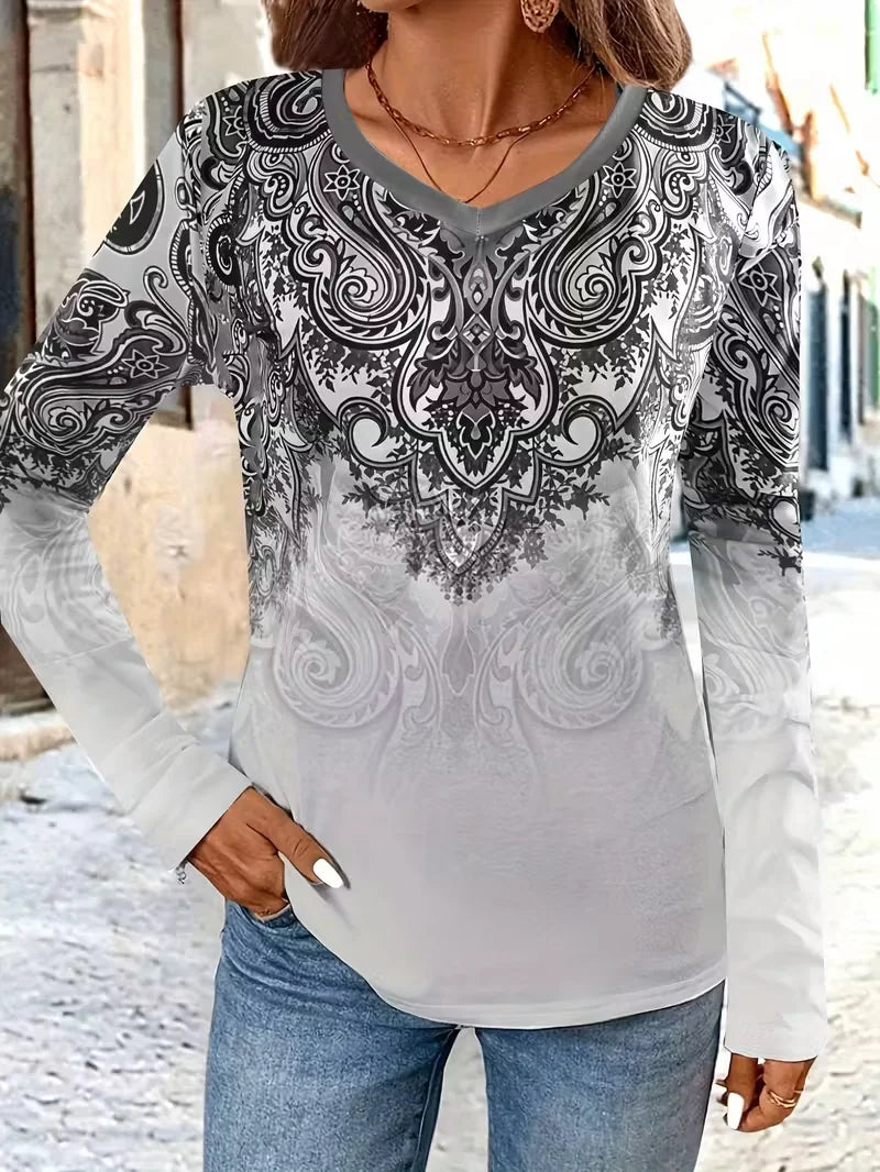 Women's Long Sleeve T-shirt Spring/Fall Gray Ethnic Printing Jersey V Neck Daily Going Out Casual Top