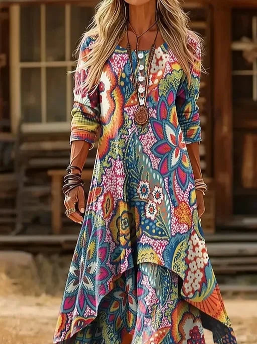 Casual Loose Crew Neck Chiffon Dress With No
