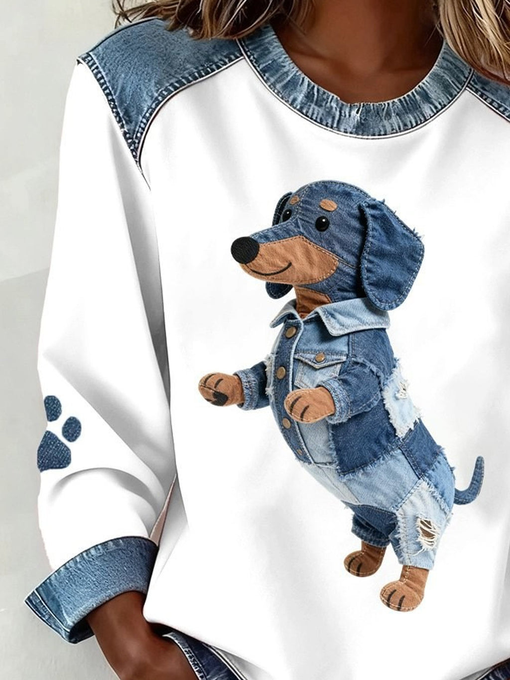 Denim Color Block Animal Crew Neck Long Sleeve Going Out Casual Sweatshirt