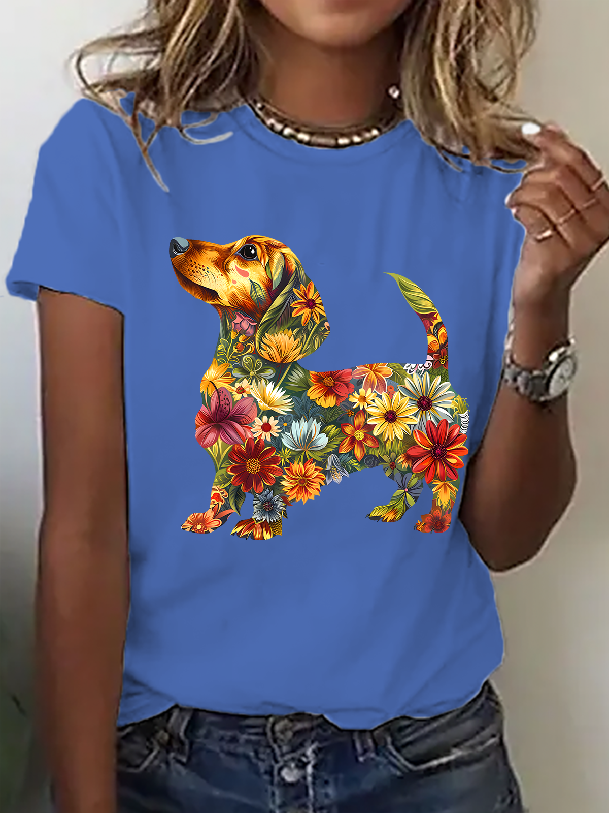 Floral Dachshund Cotton T-Shirt