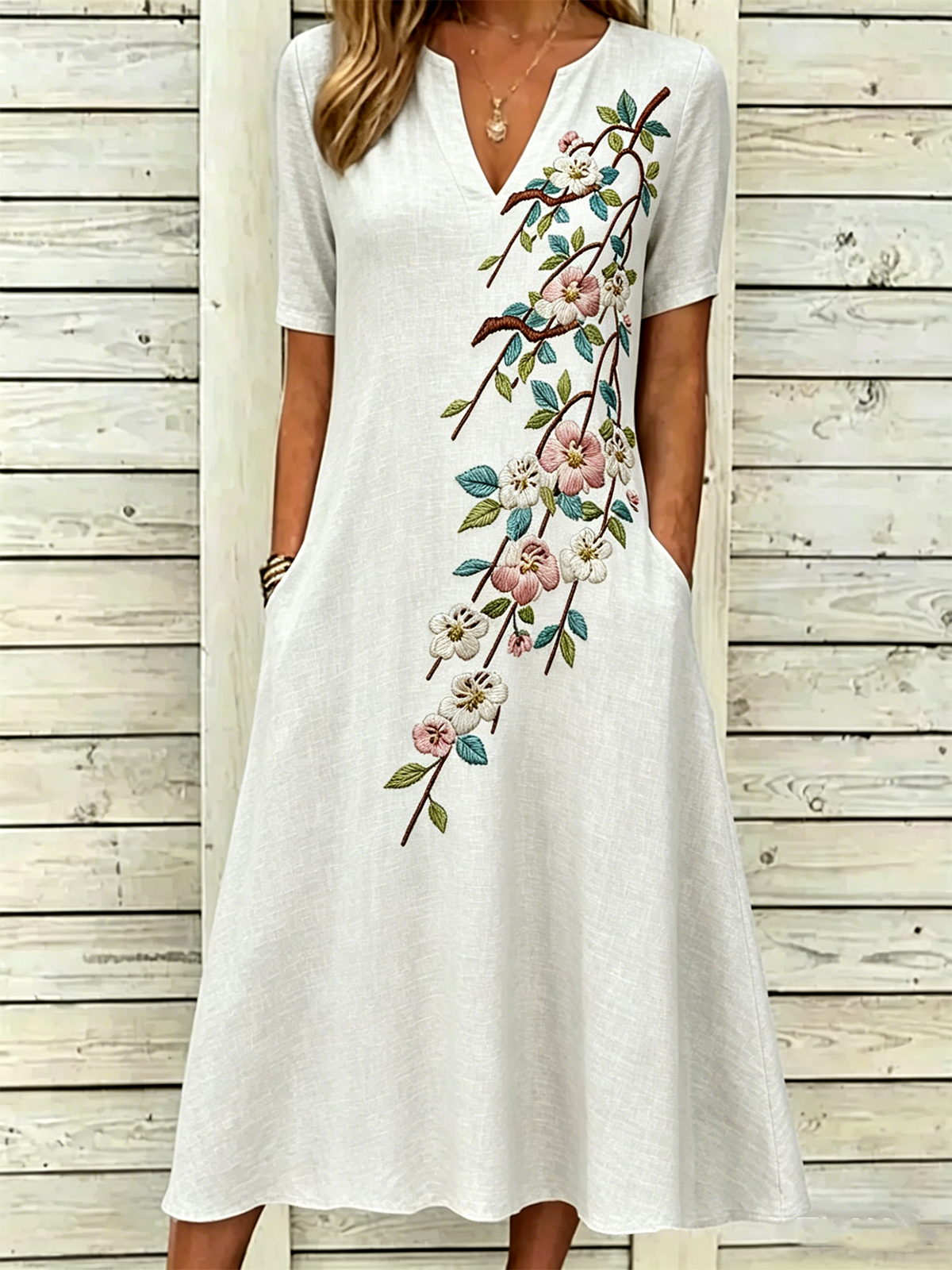Light Blue Flower Vine Print V Neck A Line Short Sleeve Maxi Dress