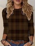 Women's Long Sleeve T-shirt Spring/Fall Brown Plaid Printing Jersey Crew Neck Daily Going Out Casual Top