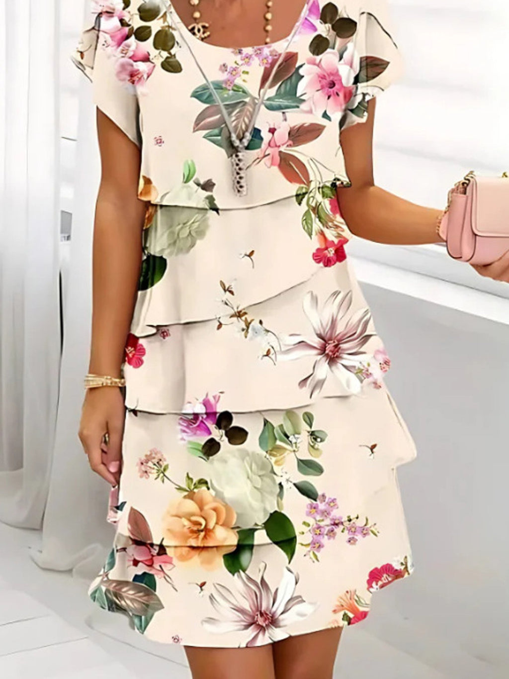 Floral Print Casual Crew Neck Short Sleeve Spring/Summer Chiffon Dress