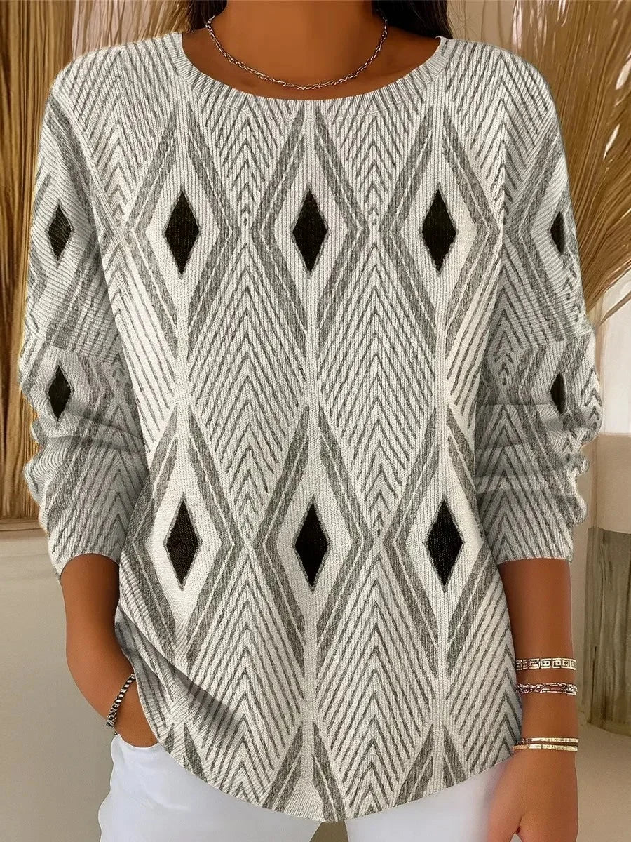 Geometric Casual Loose Crew Neck Knit Top