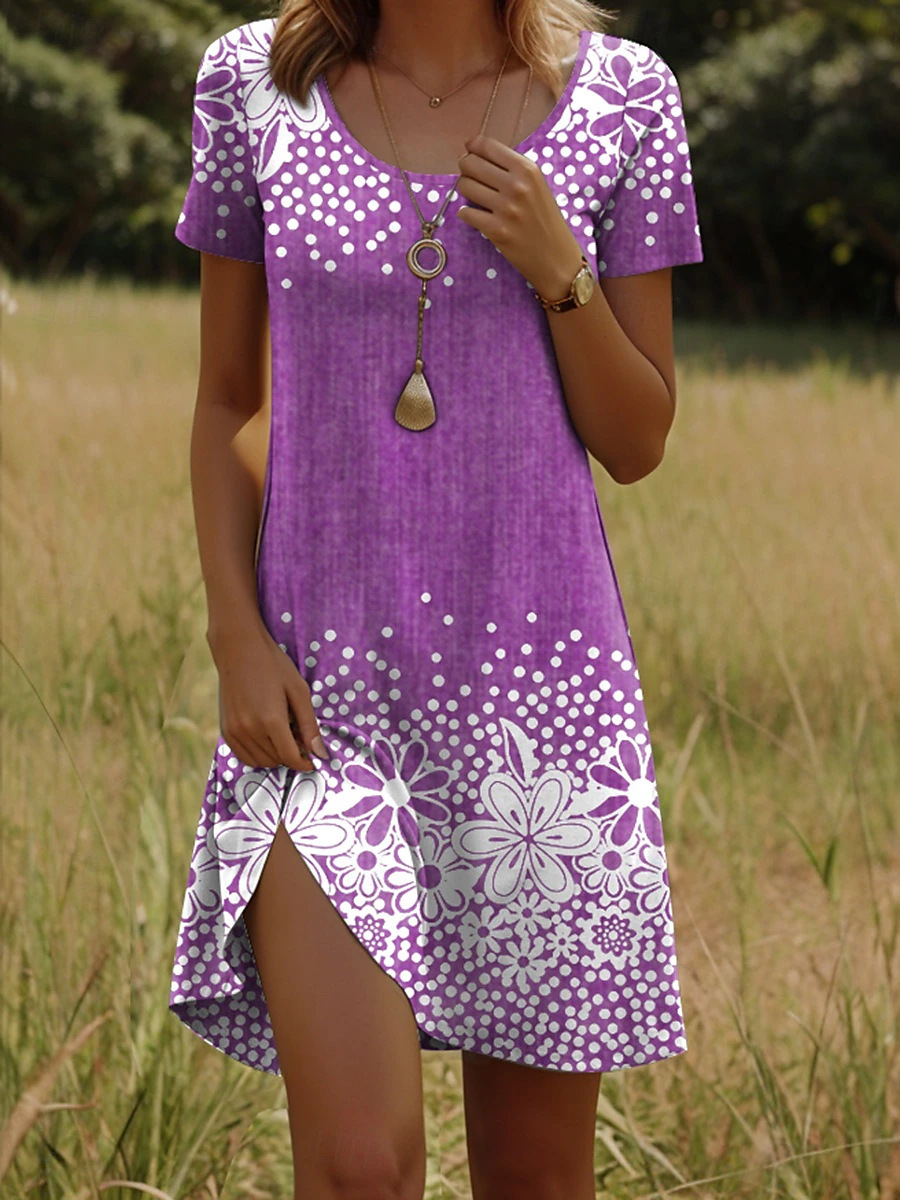 3D Printing Floral Crew Neck Short Sleeve Summer Going Out Dress