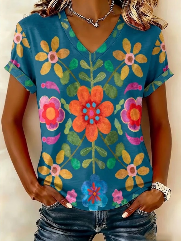 Women's Short Sleeve T-shirt Summer Blue Floral Printing V Neck Holiday Going Out Vintage Top