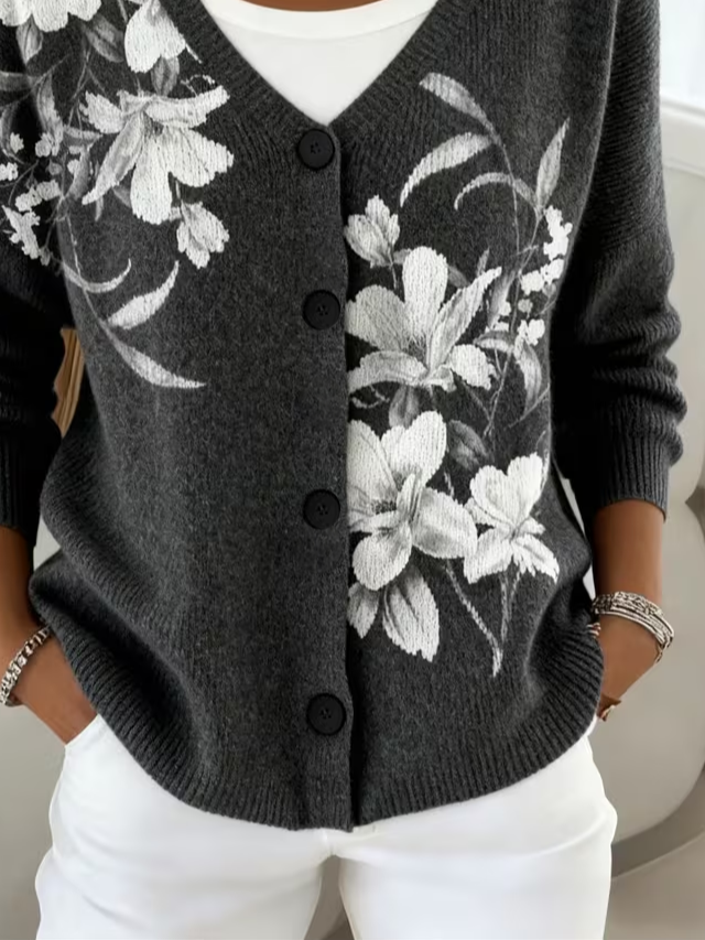 Women's Floral Print Casual V-Neck Cardigan