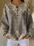 Women's Abstract Print Button-Up Casual Waffle Knit Sweatshirt