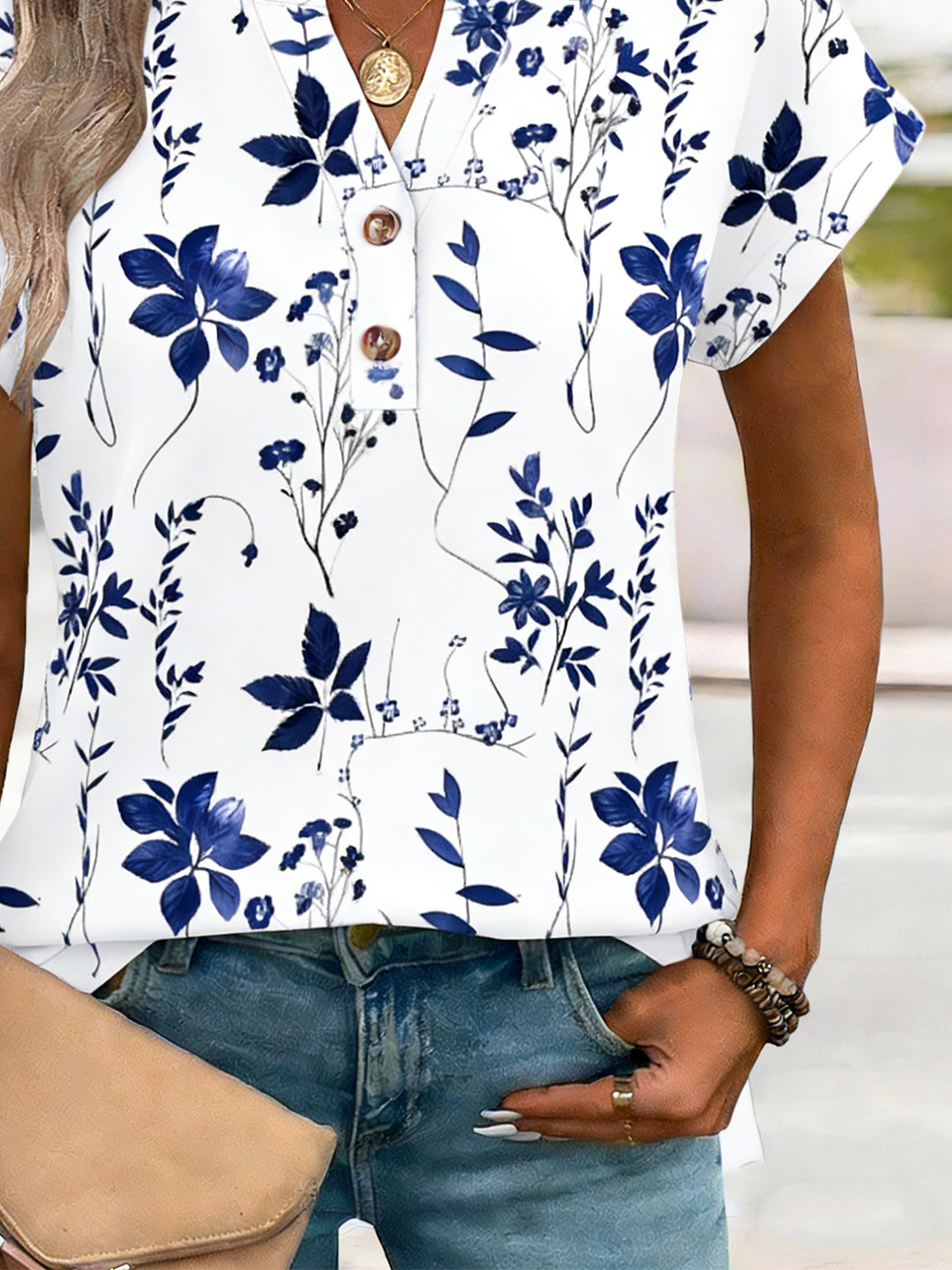 Elegant Loose Floral V Neck T-Shirt