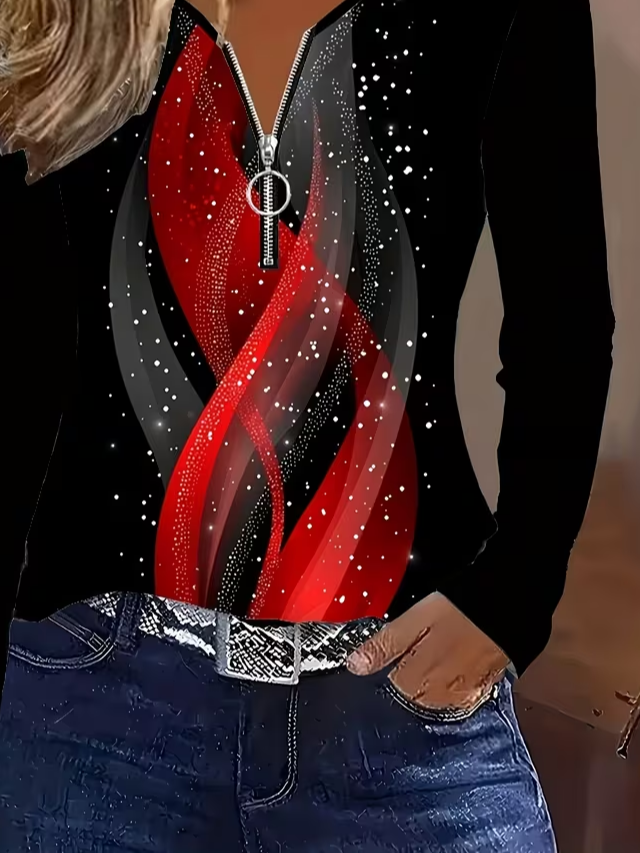Women's Long Sleeve T-shirt Spring/Fall Black Abstract Printing V Neck Daily Going Out Vintage Top