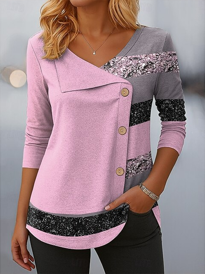 Women's Long Sleeve T-shirt Spring/Fall Pink Abstract Stripes Printing V Neck Daily Going Out Casual Top