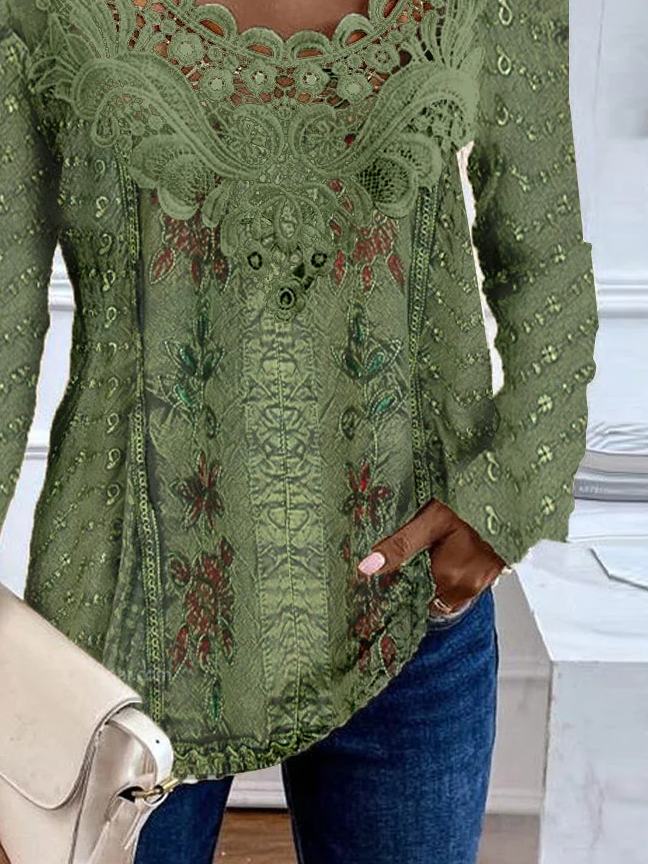 Casual Random Print Crew Neck Lace Shirt