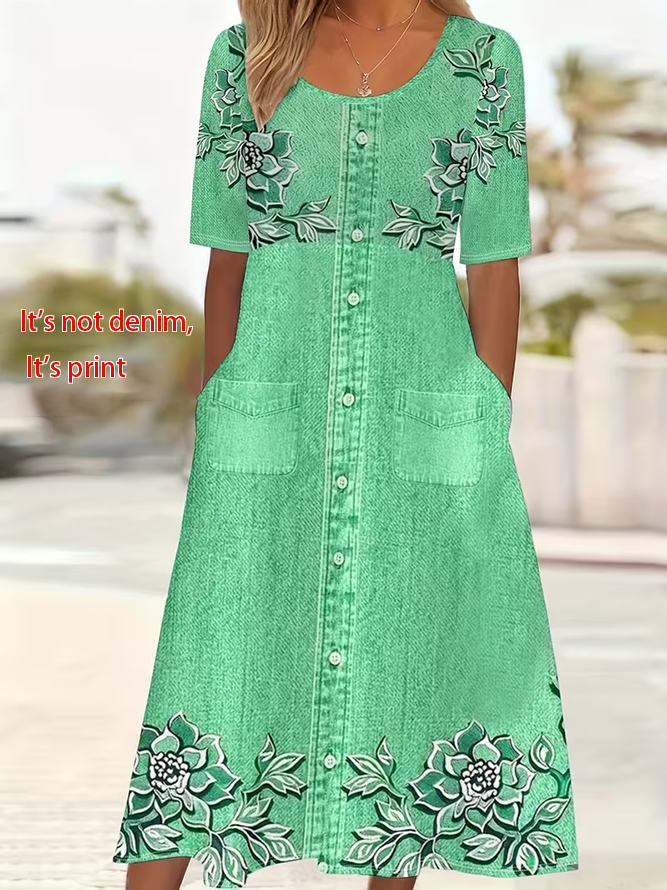 Women's Short Sleeve Summer Pink Floral Printing Crew Neck Daily Going Out Casual Maxi H-Line Shift Dress Dress