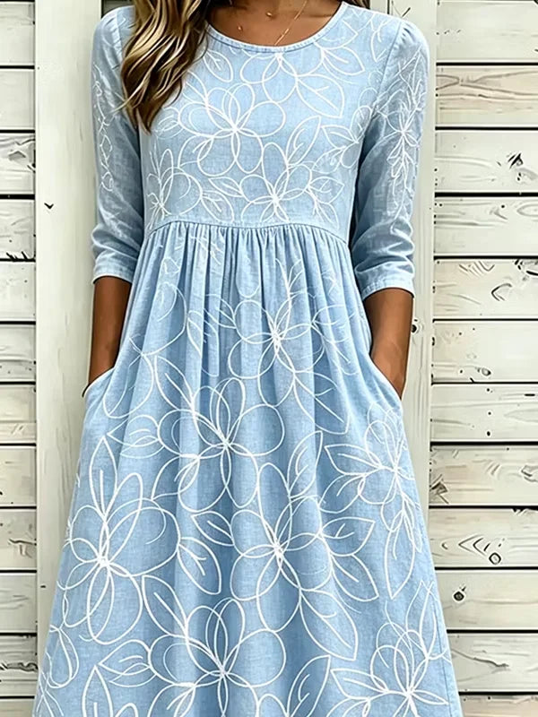 Women's Half Sleeve Summer Blue Floral Printing Crew Neck Daily Going Out Casual Maxi H-Line Dress