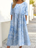Loose Crew Neck Floral Casual Dress With No