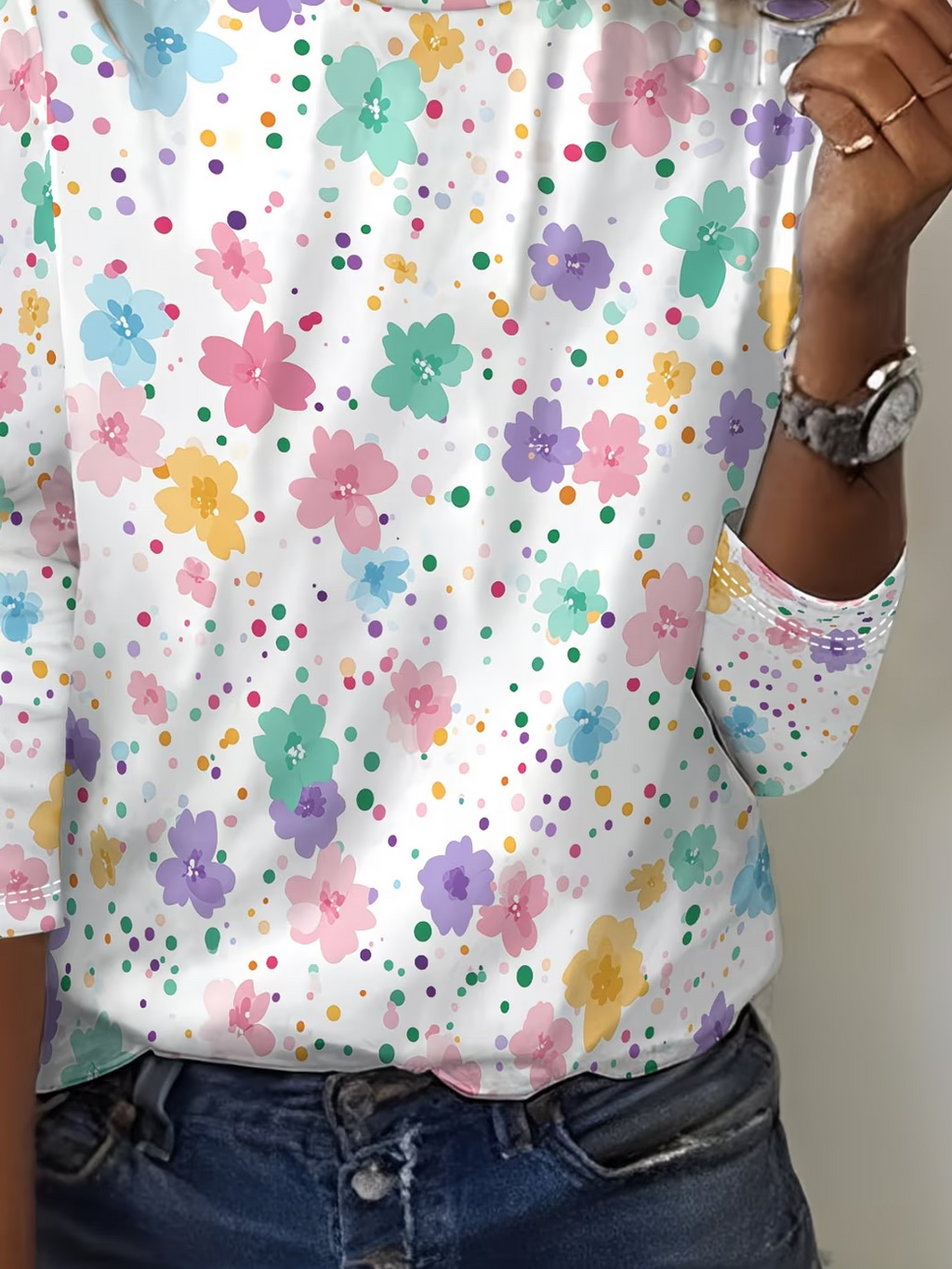 Women's Long Sleeve T-shirt Spring/Fall White Floral Printing Jersey Crew Neck Daily Going Out Casual Top
