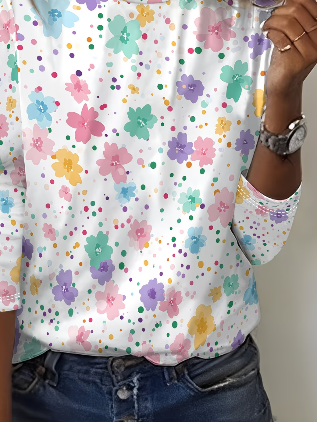 Women's Long Sleeve T-shirt Spring/Fall White Floral Printing Jersey Crew Neck Daily Going Out Casual Top