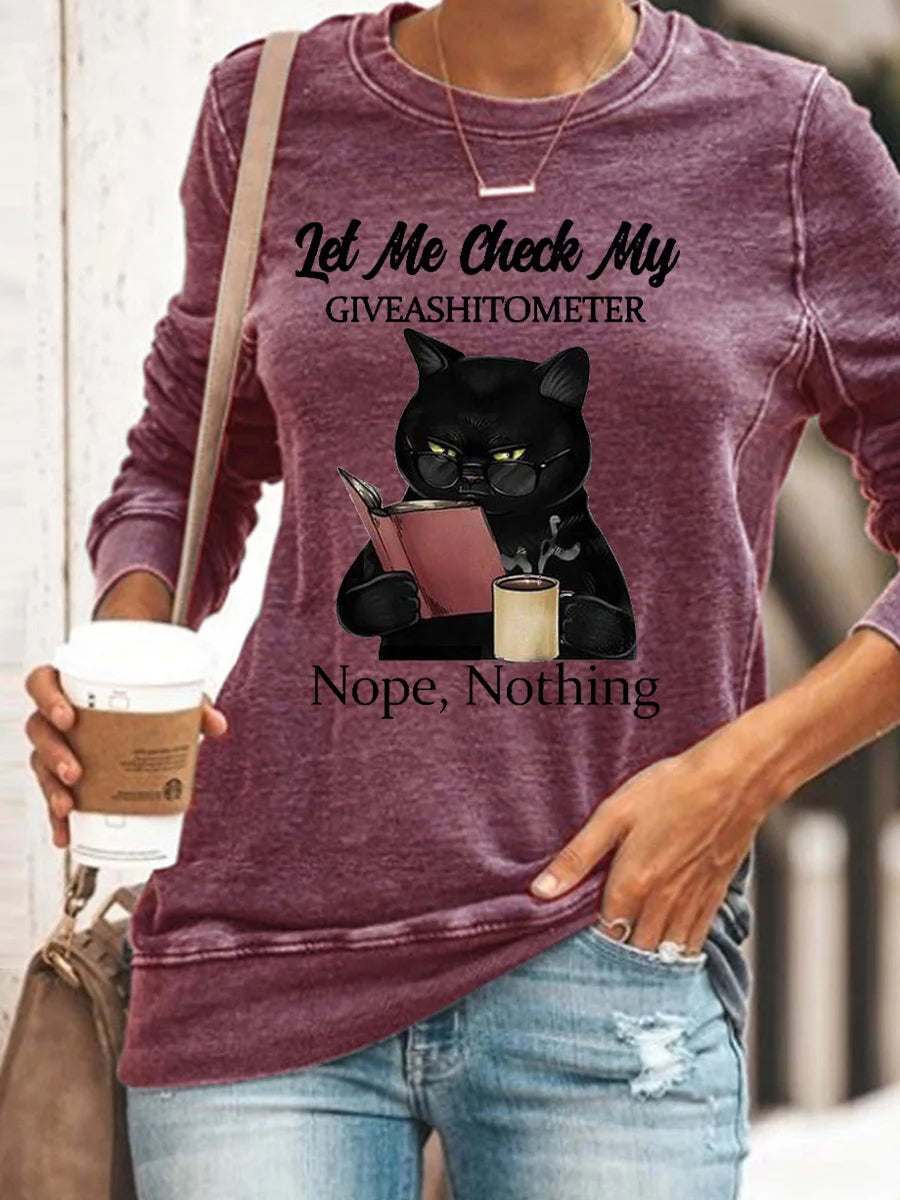 Womens Funny Letter Black Cat Crew Neck Sweatshirt