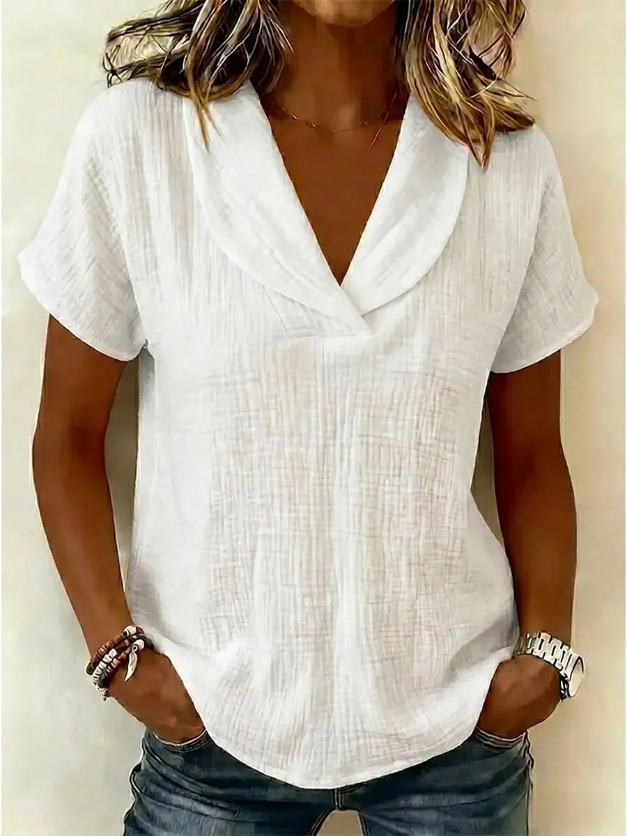 Women's Solid Color V-Neck Short Sleeve Blouse Casual Crinkle Texture Top with Shawl Collar