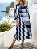 3D Printing Striped Shawl Collar The Quarter Sleeve Casual Midi Shirt Dress
